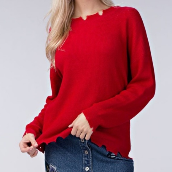 Amor Distressed Edge Sweater (RED) - Picture 3 of 5